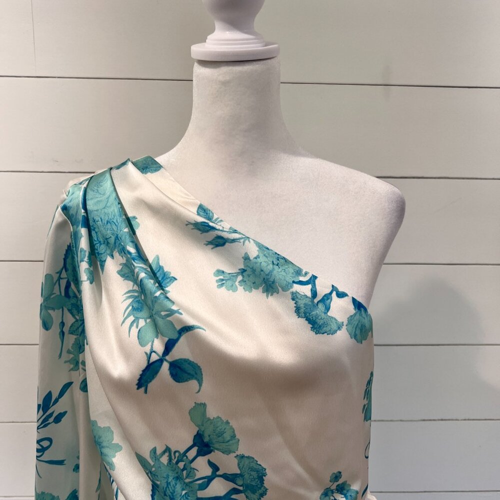 Gianni Bini Cream and Blue Satin Floral Wrap Dress Size 10 - Picture 2 of 11